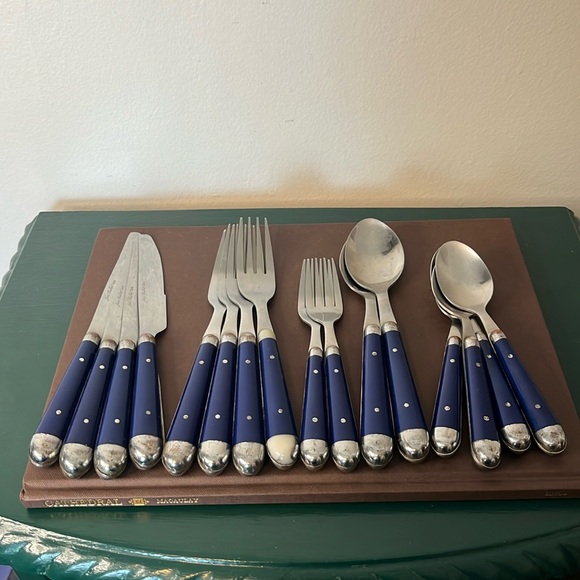 Jean Dubost Other - Vintage Jean Dubost France 16 Piece Blue Handle Stainless Steel Flatware Set